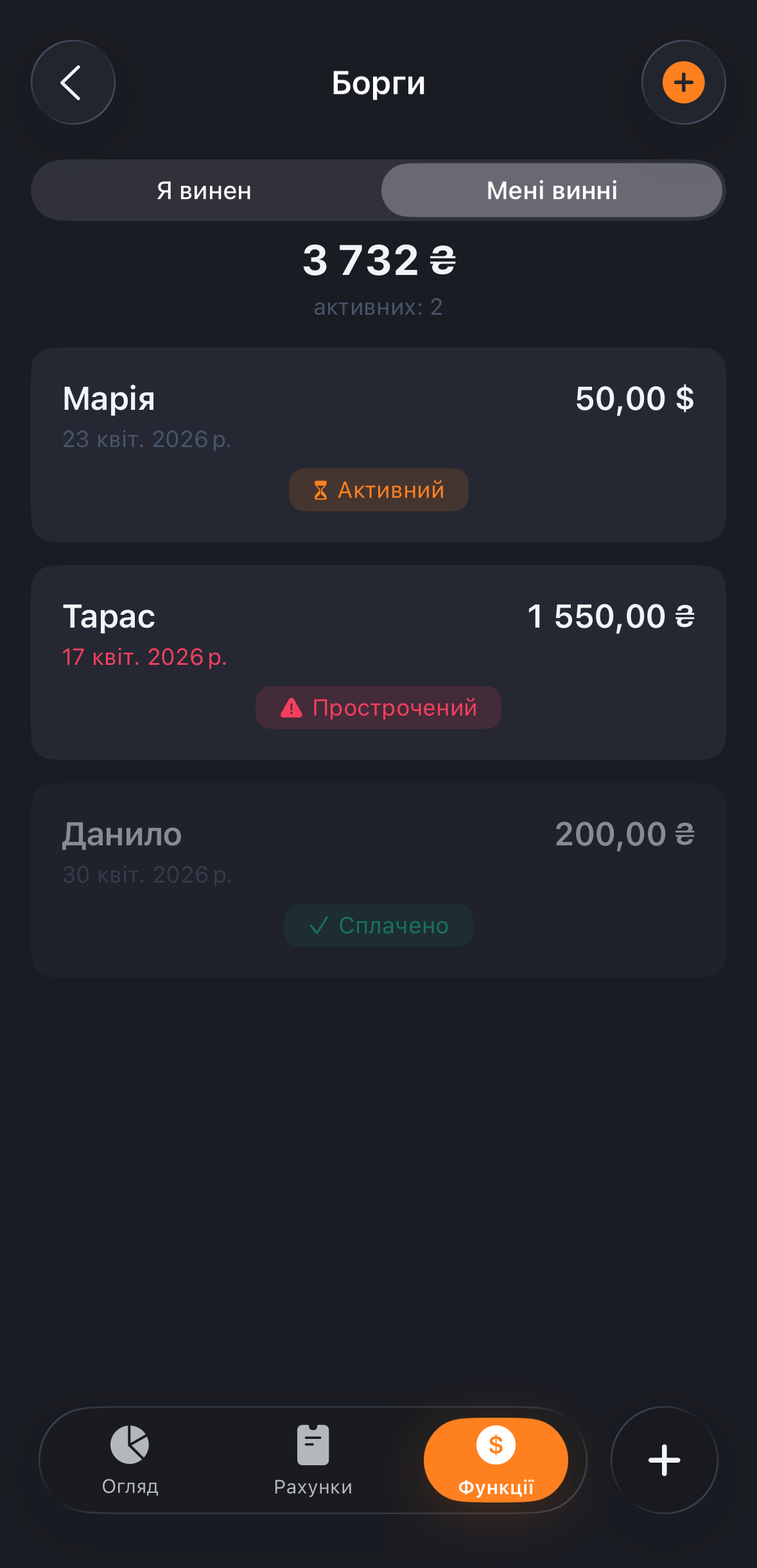 Екран функції Борги